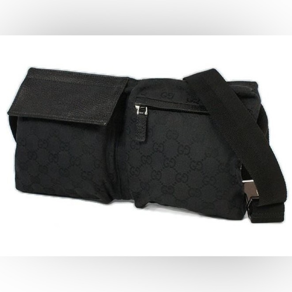 EUC Vintage GUCCI Black GG Monogram Canvas Double Pocket Belt Bag/Waist Bag